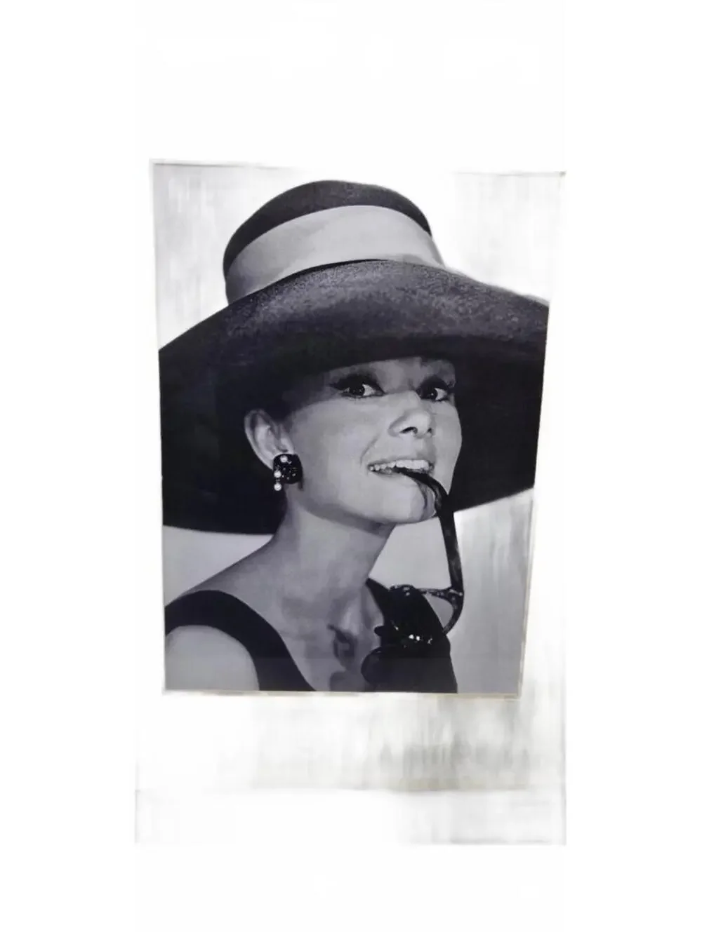Framed Black and White Audrey Hepburn Portrait with Wide-Brim Hat